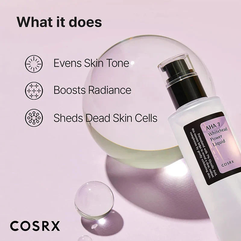 COSRX AHA 7 Whitehead Power Liquid - Απολεπιστικό τόνερ με γλυκολικό οξύ ειδικά σχεδιασμένο για στίγματα και ανομοιόμορφη υφή.